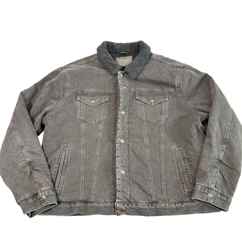 Lucky Brand Mens XXL Black Sherpa Lined Denim Trucker‎ Jacket Snap Front Coat